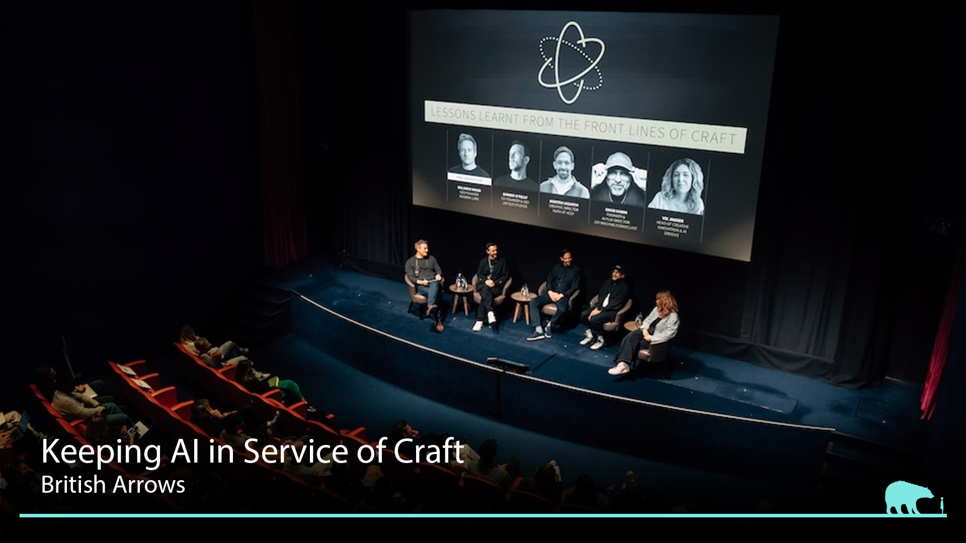 Morten Legarth and panellists speaking on stage at The British Arrows event titled Lessons Learnt From The Front Lines Of Craft.