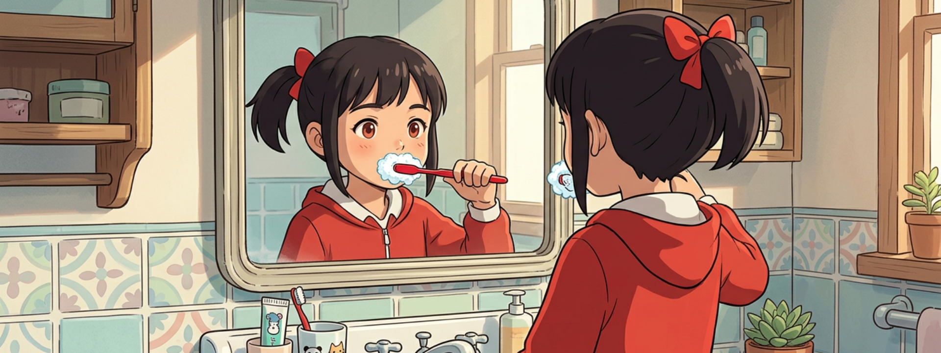 Anime girl in a red hoodie brushing her teeth with toothpaste in front of a bathroom mirror.