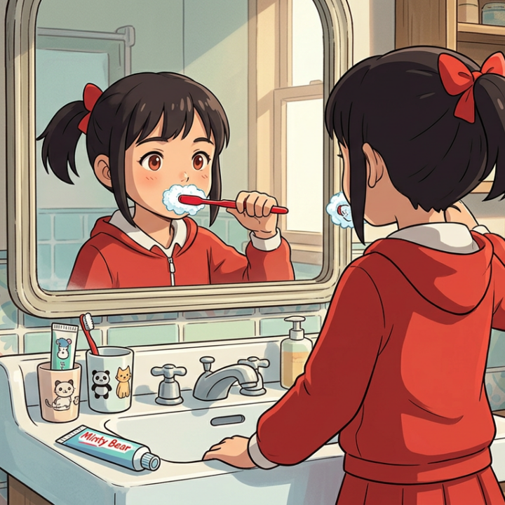 Anime girl in a red hoodie brushing her teeth with toothpaste in front of a bathroom mirror.