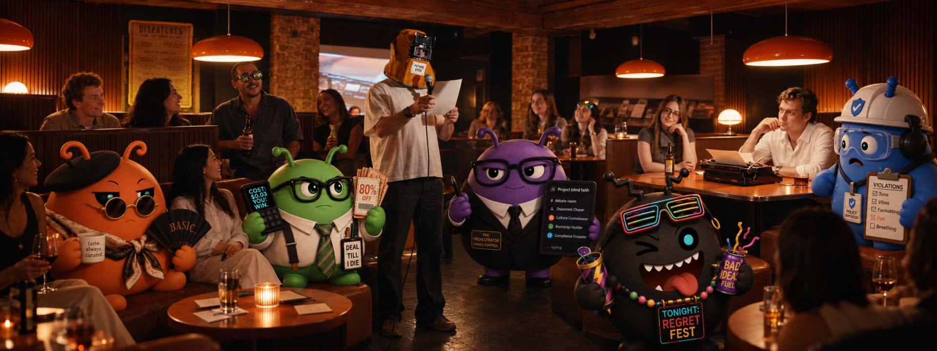 Playful ad artwork depicting colourful cartoon mascot characters interacting with people in a dimly lit restaurant bar setting.