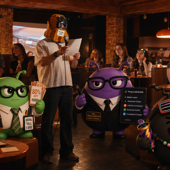 Playful ad artwork depicting colourful cartoon mascot characters interacting with people in a dimly lit restaurant bar setting.