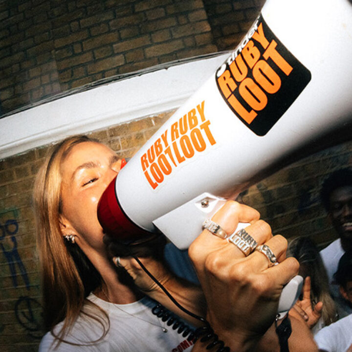 Four-panel vertical collage featuring social media creators, promotional street activations, and dating guides for Tinder UK.