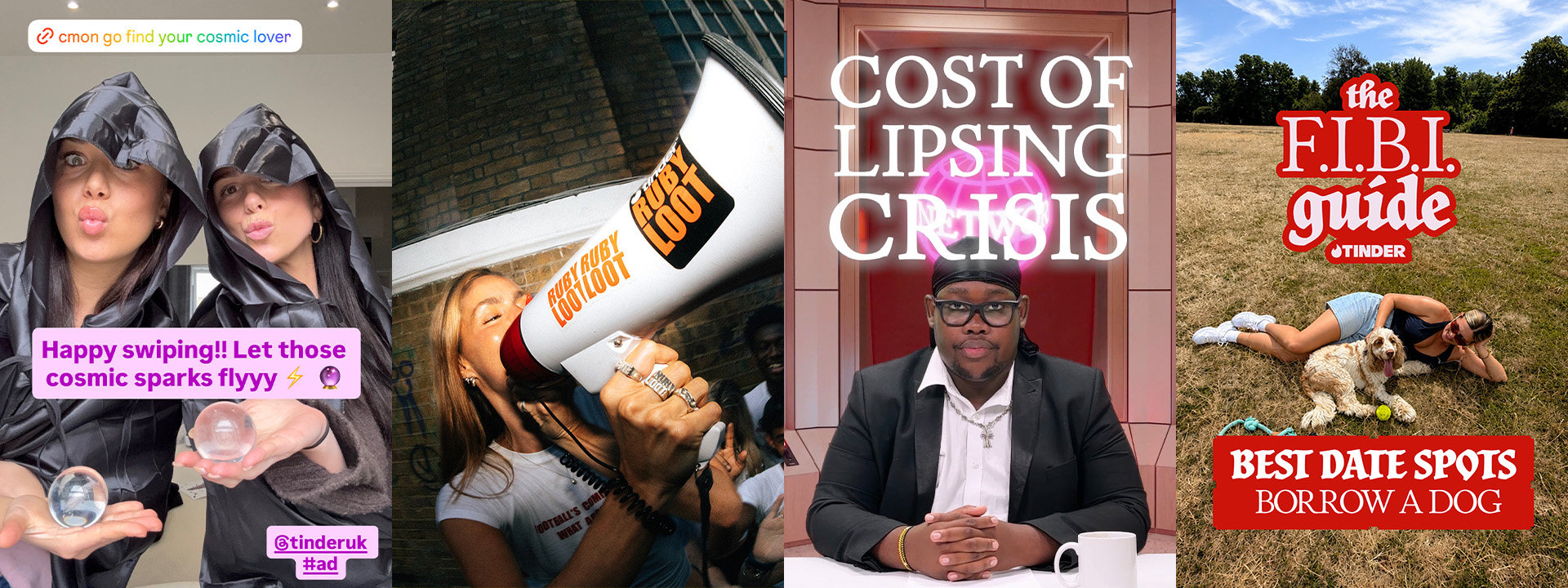 Four-panel vertical collage featuring social media creators, promotional street activations, and dating guides for Tinder UK.