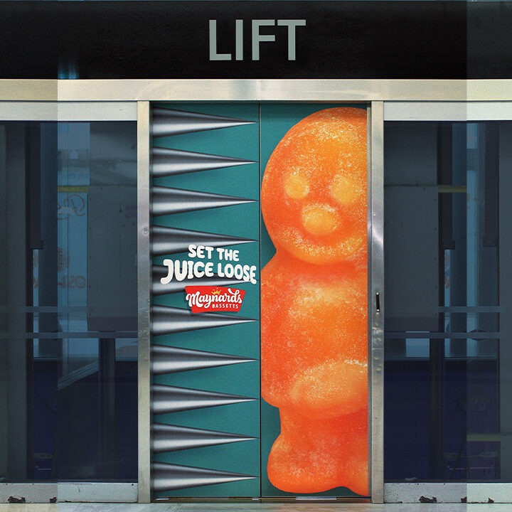 Maynards Bassetts Set The Juice Loose elevator door campaign featuring giant gummy candies being squished by closing doors.