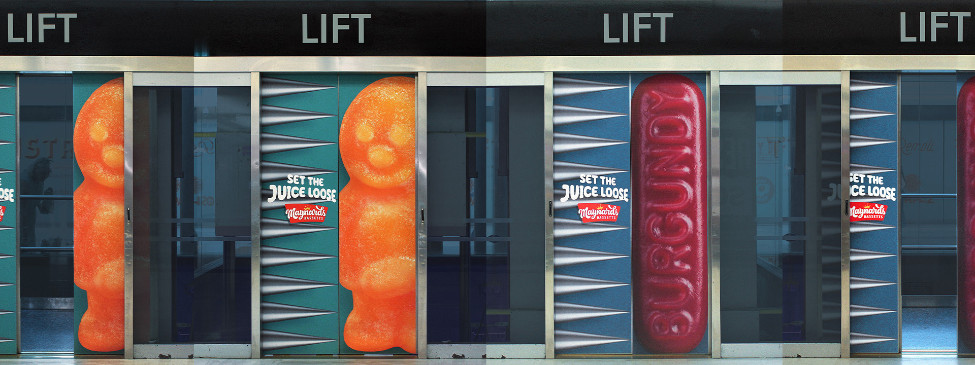 Maynards Bassetts Set The Juice Loose elevator door campaign featuring giant gummy candies being squished by closing doors.