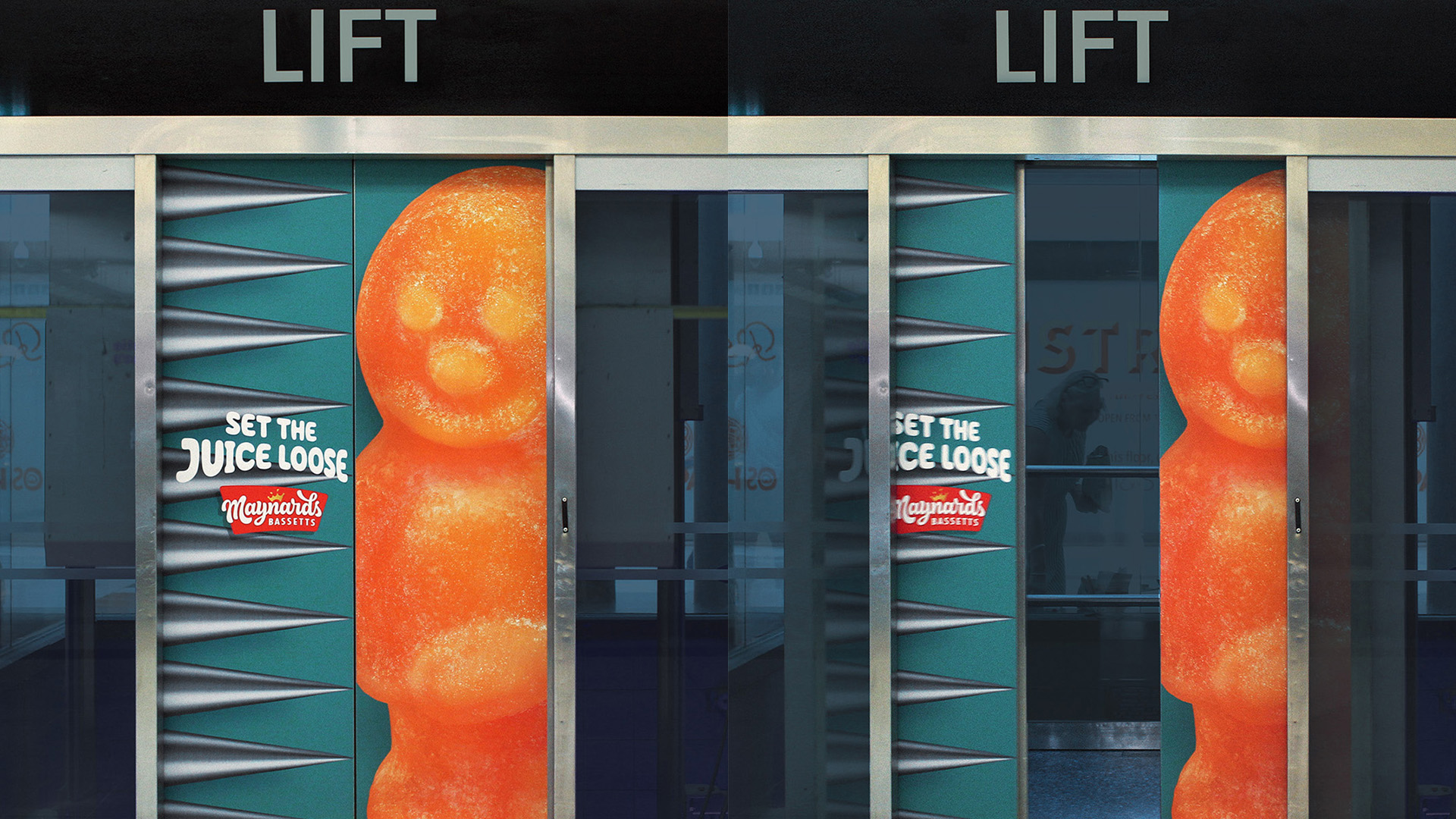 Creative lift door advertisement featuring a giant orange gummy sweet squished by metal spikes graphic.