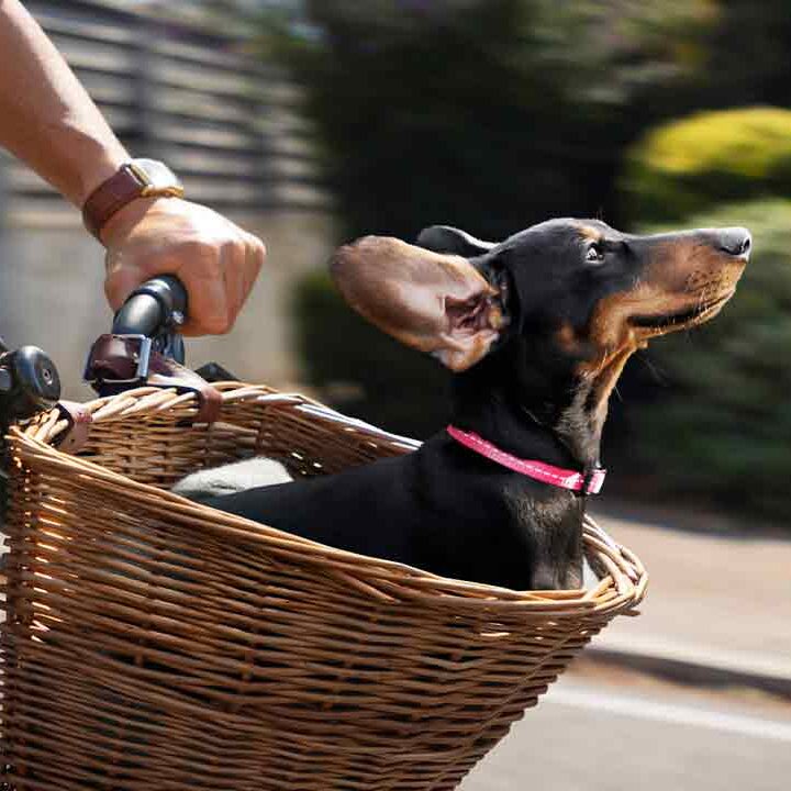Vitality campaign image featuring Stanley the dachshund riding in a bicycle basket for Your Health's Best Friend platform.