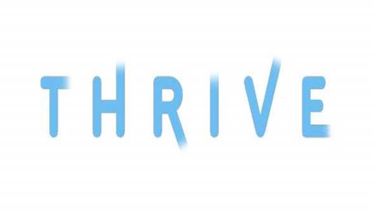 white background with blue texts. text reads: thrive