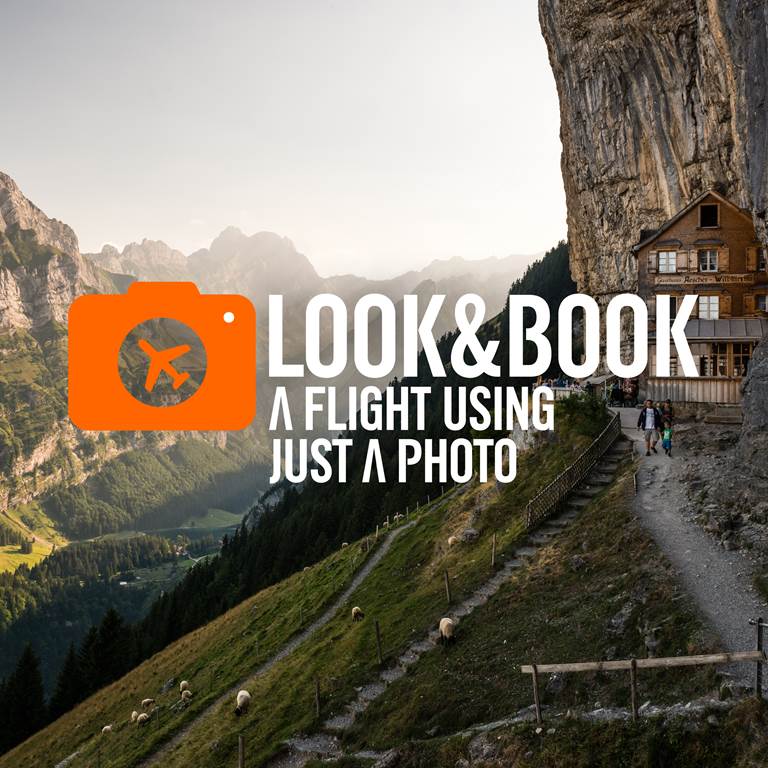 A wooden house on the side of a scenic mountain. Text reads: Look and book, a flight using just a photo