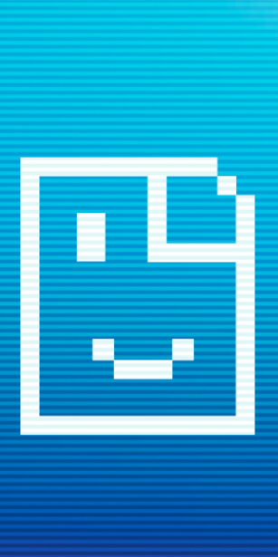 a blue striped background with a rectangle with a smiley face on it on the left hand side
