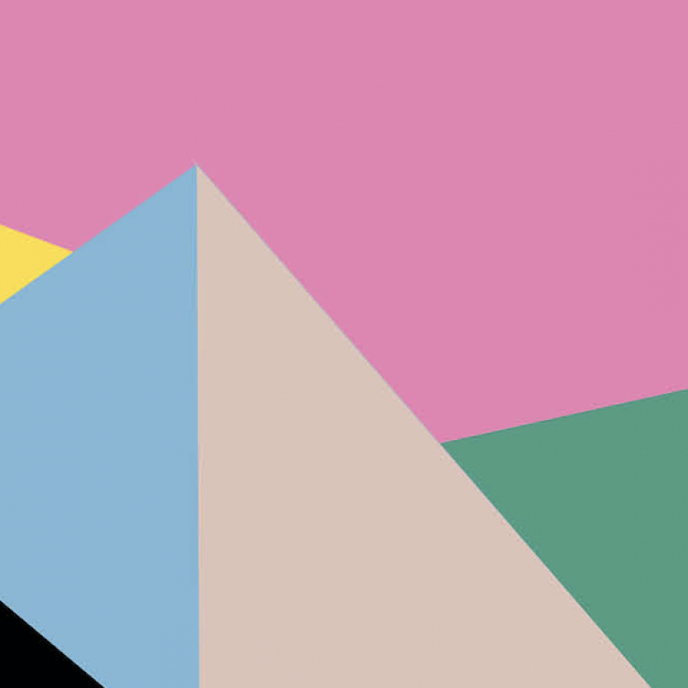 brightly coloured geometric triangles on a pink background