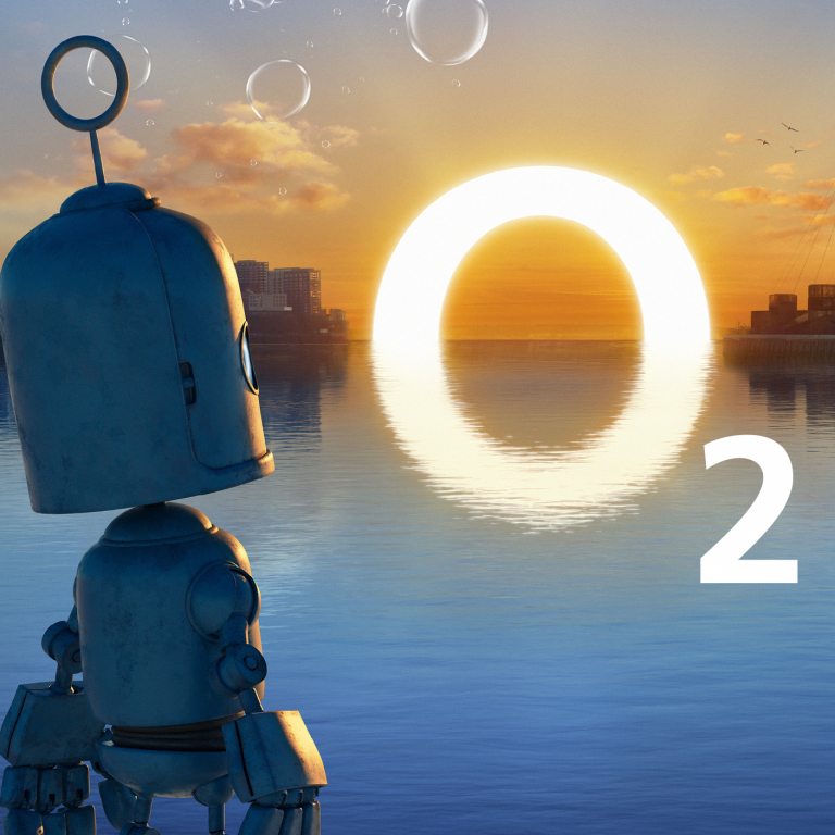 a robot looking at the o2 arena in London. text reads: here comes brighter