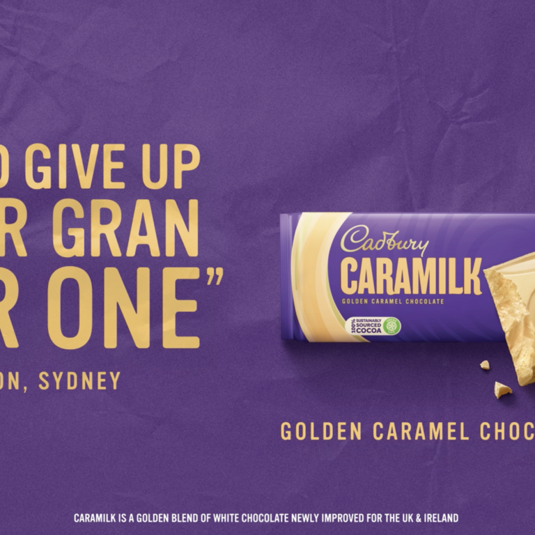 On the right, an image of Caramilk bar with wrapper on. On the left is a quote saying 