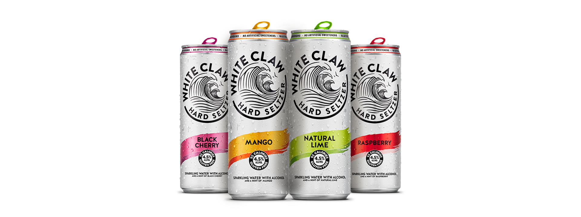 Four cans of White Claw in various flavours standing next to each other.