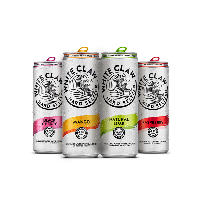 Four cans of White Claw in various flavours standing next to each other.