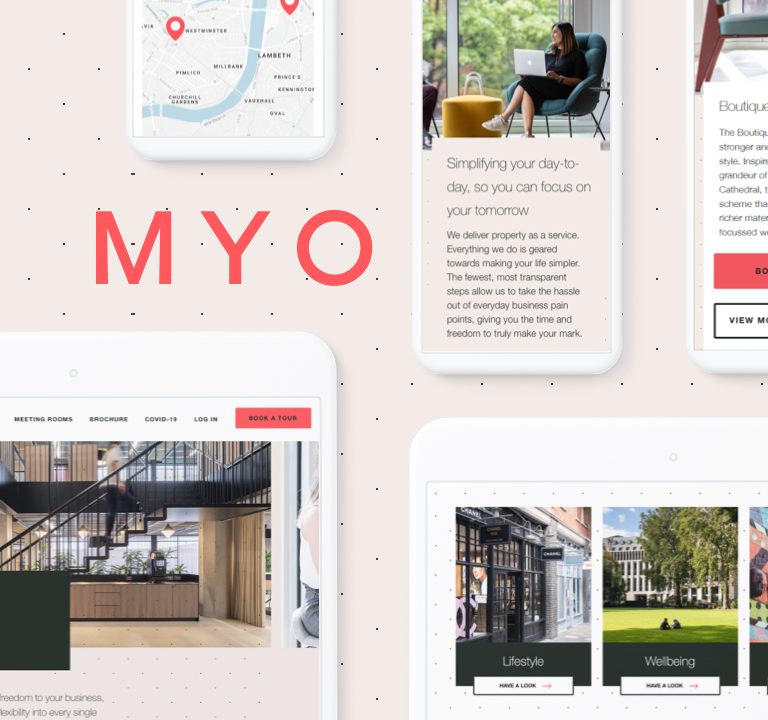 Hero Image, light pink background with examples of myo on both tablet and phone layouts