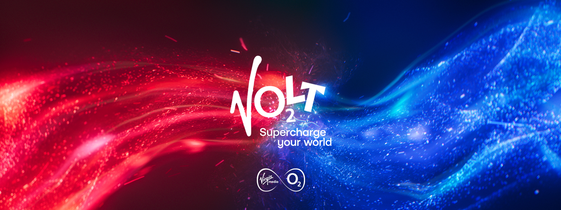 A red wave collides with a blue wave of light. The Volt logo in the middle with O2 logo and 'Supercharge your world' written beneath.