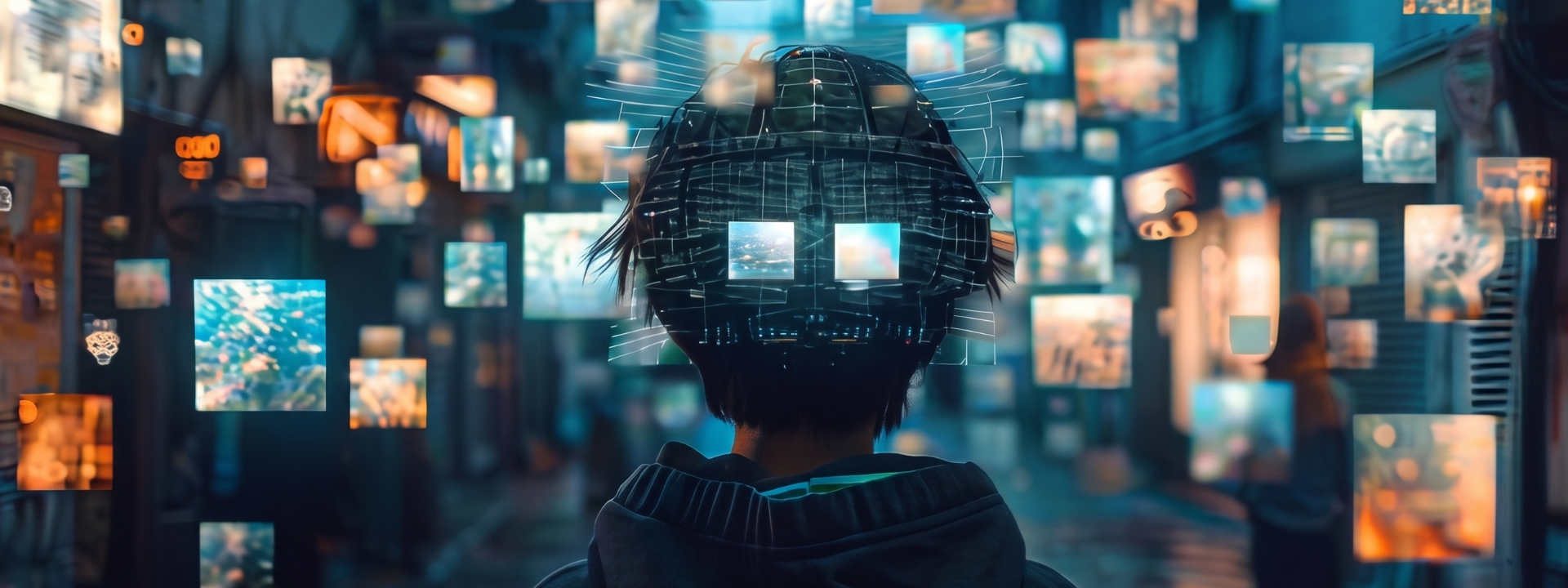Person surrounded by screens showing different images