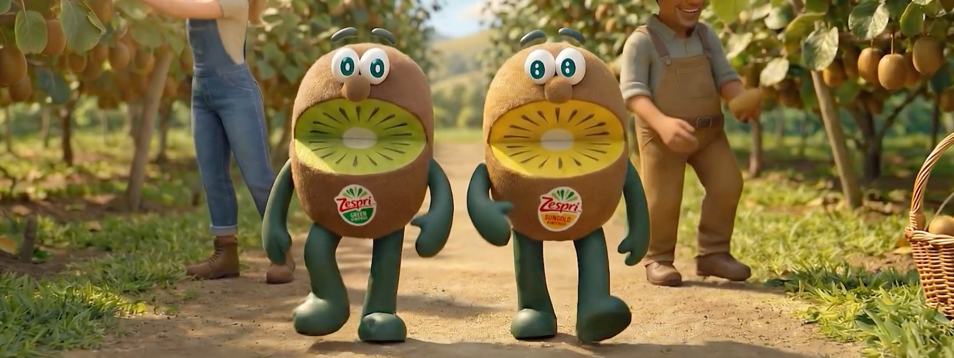 Two kiwifruits walking through a field for the new Zespri campaign by VCCP
