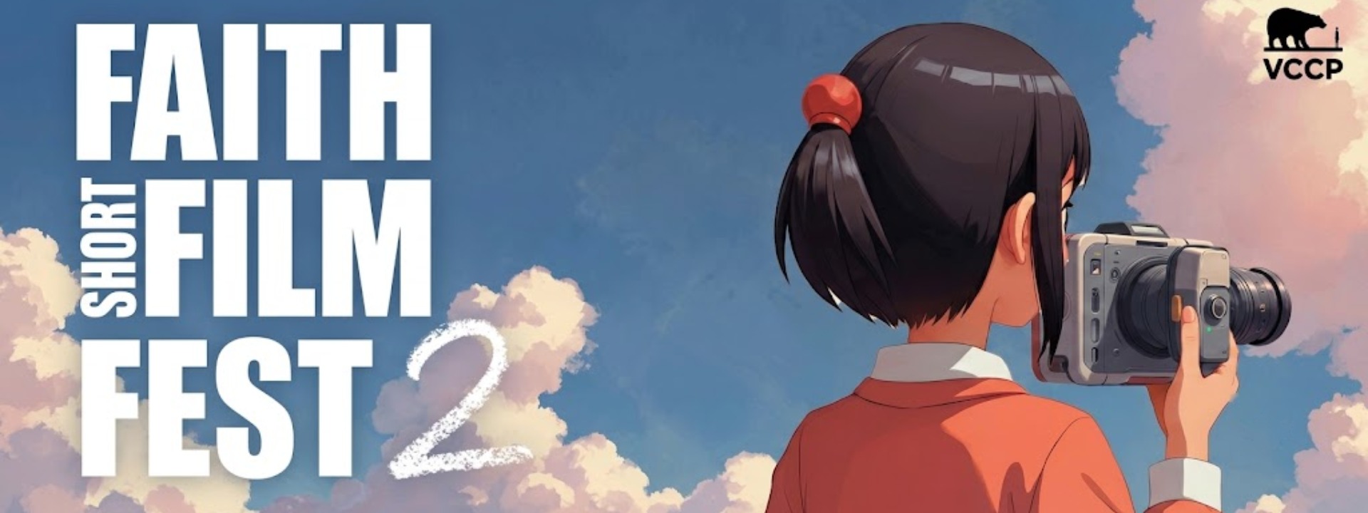 animation of a girl holding a camera with the text faith film fest