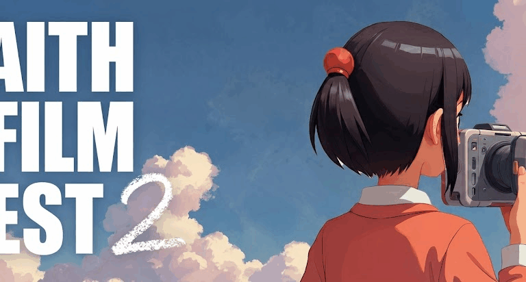 animation of a girl holding a camera with the text faith film fest
