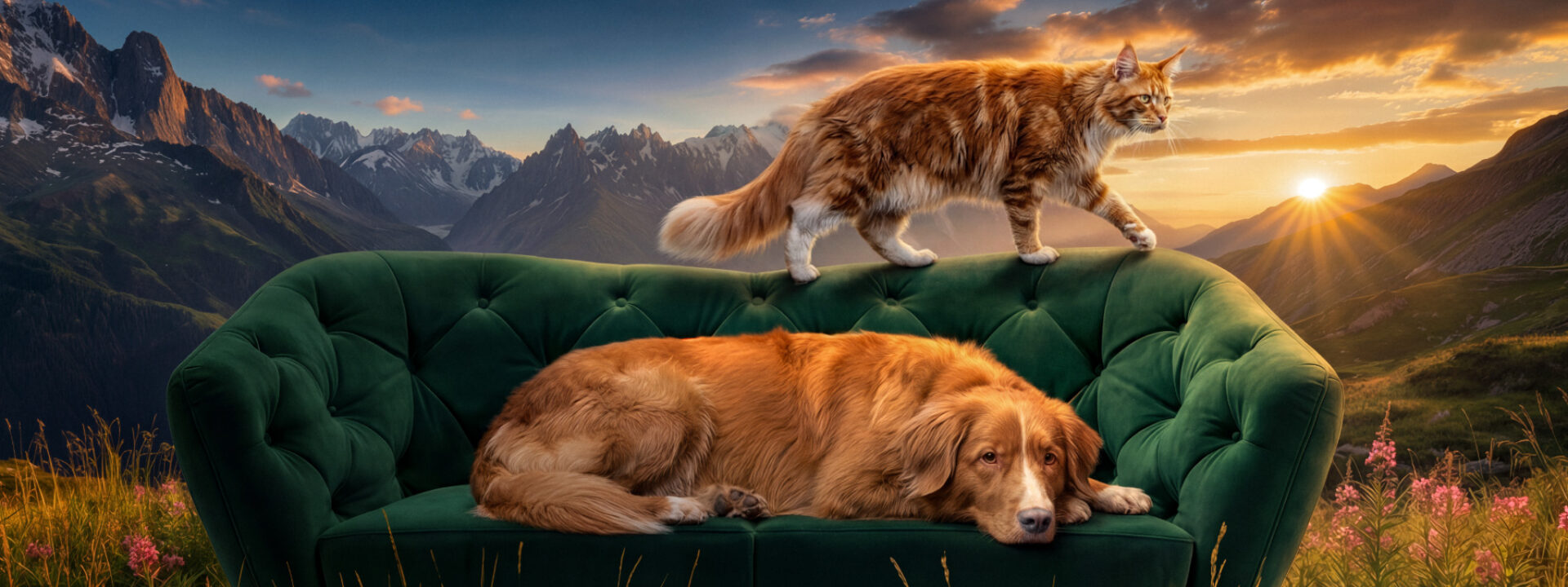 Cat and dog on green sofa in a field at sunset