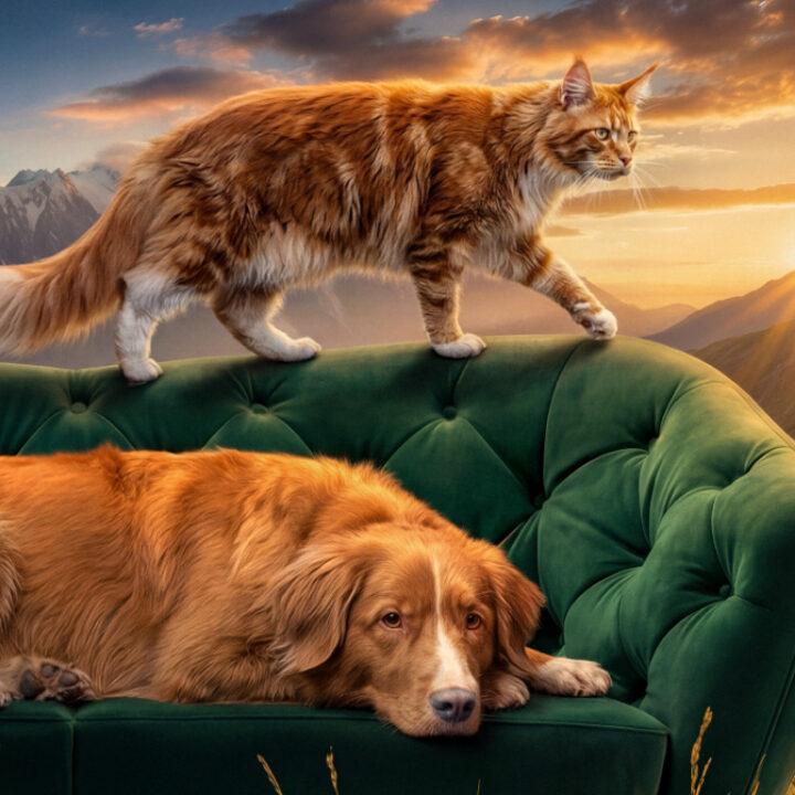 Cat and dog on green sofa in a field at sunset